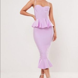 premium lilac bandage bust cup peplum midi dress